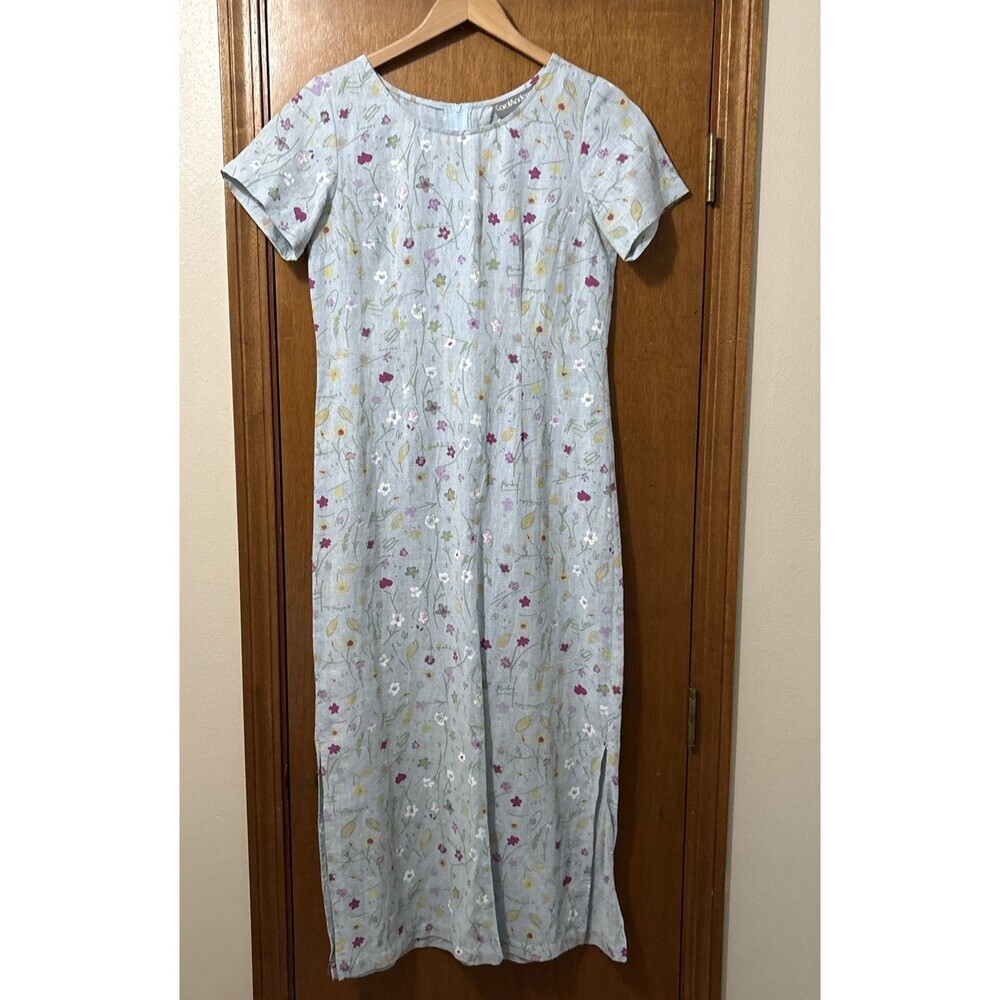 Vintage Carol Anderson California Dress Sz 6 Linen Blend Floral Blue 80s 90s